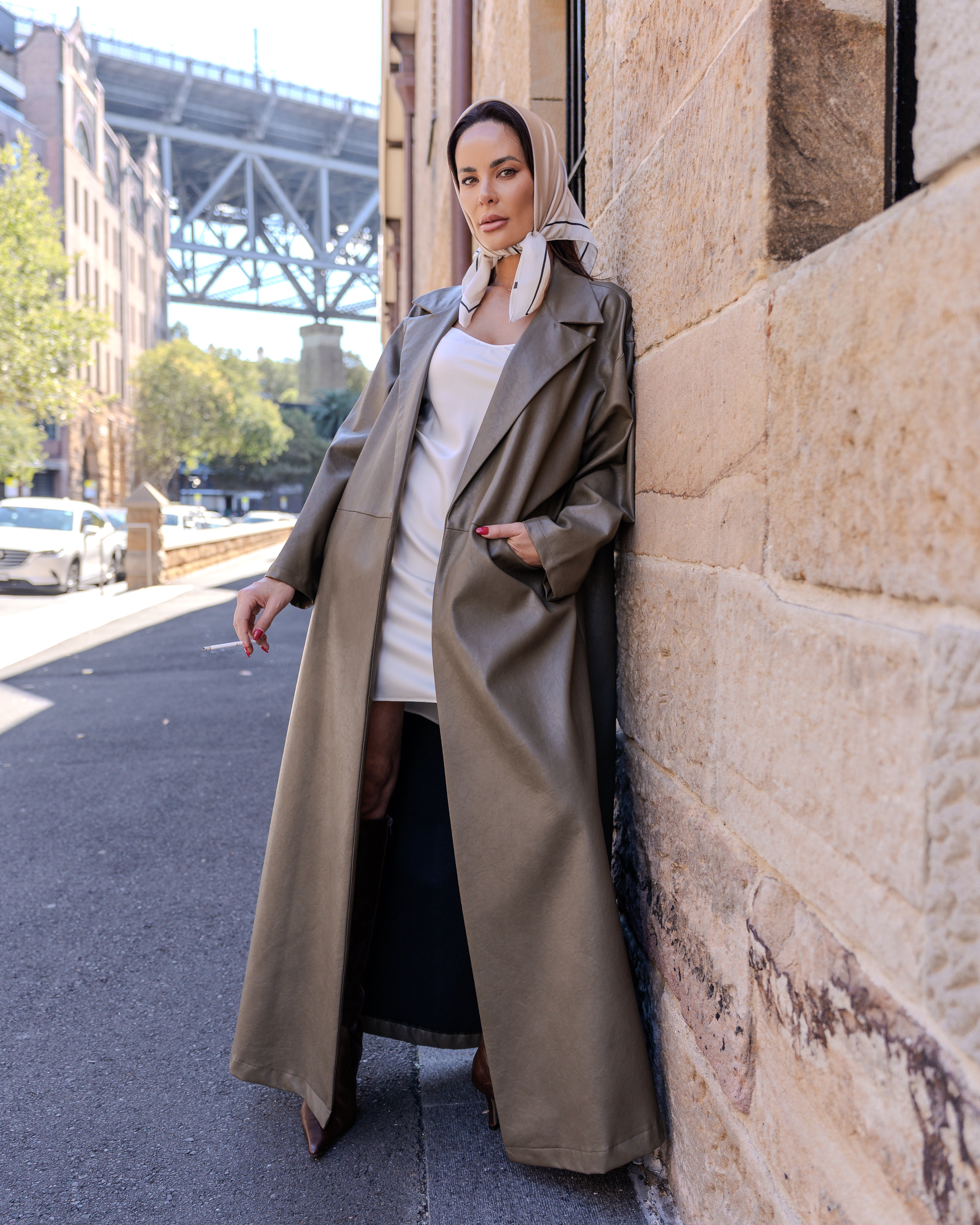Tarah Leather Trench Olive