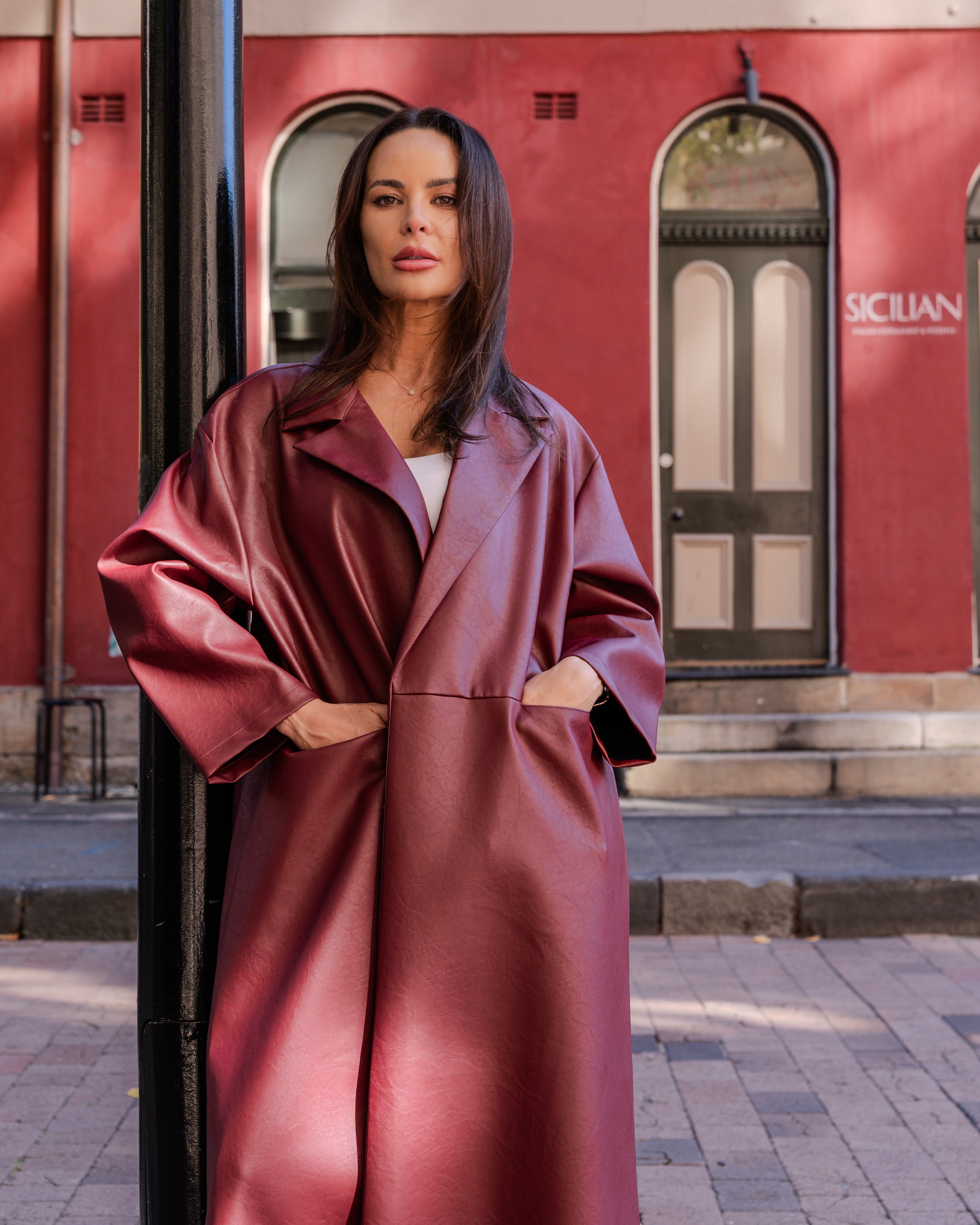 Tarah Leather Trench Red