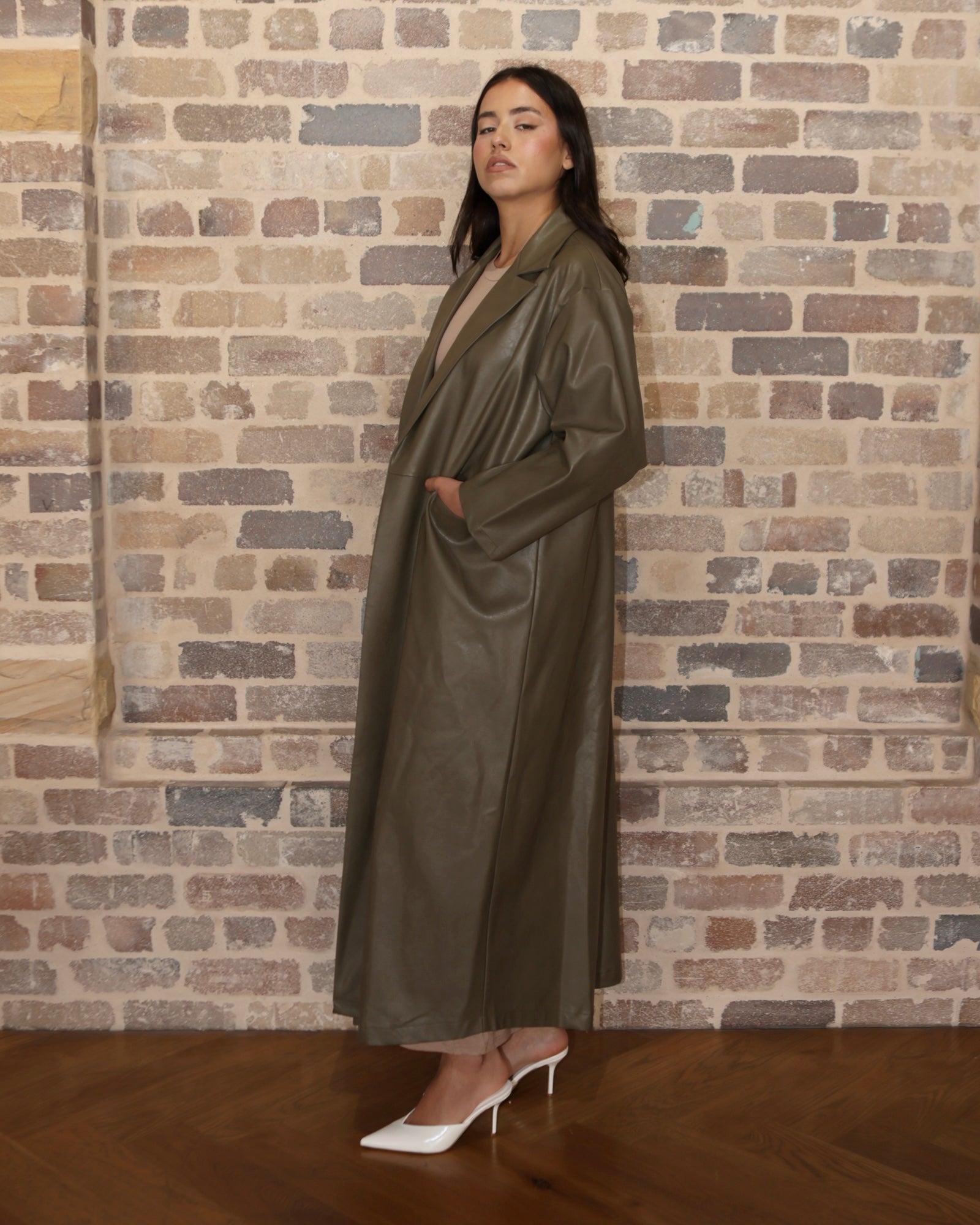 Tarah Leather Trench Olive