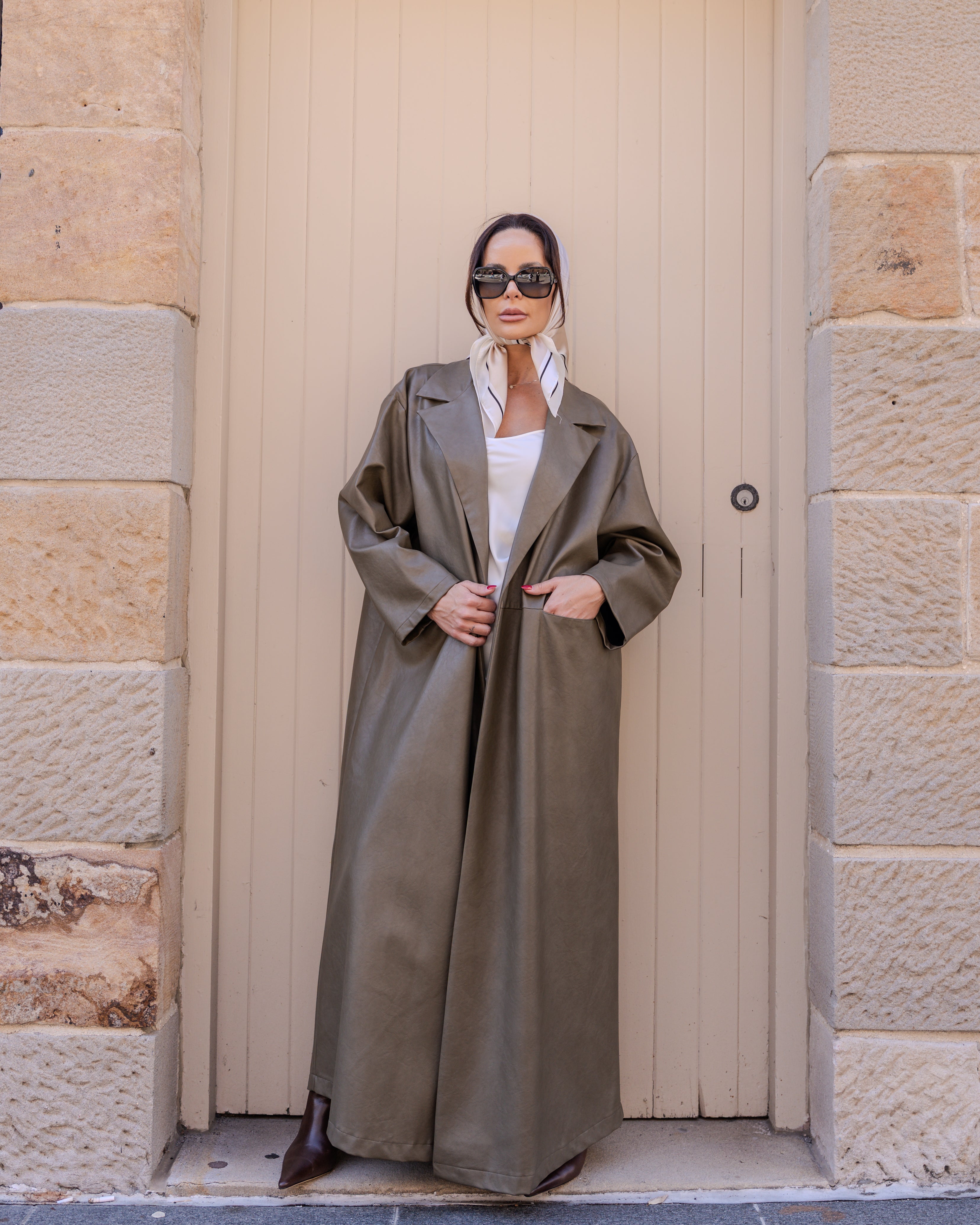 Tarah Leather Trench Olive