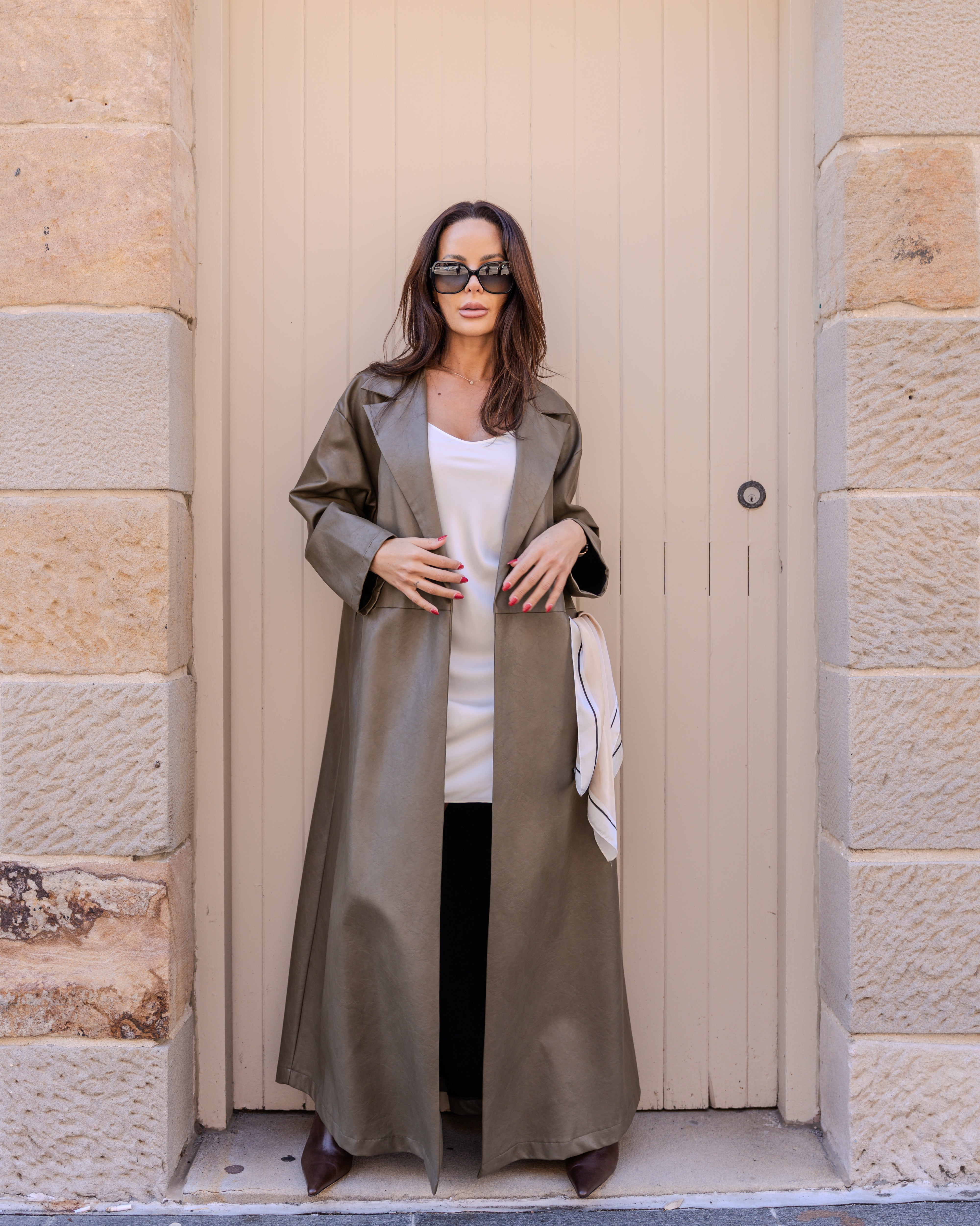 Tarah Leather Trench Olive