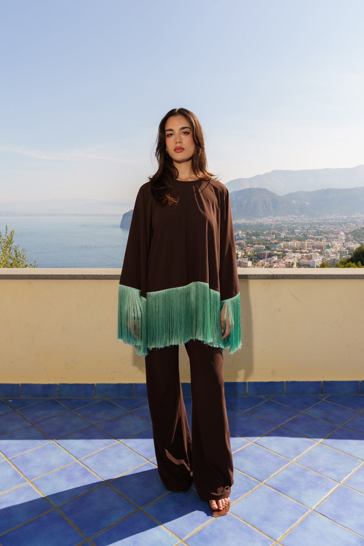 Sofia Top - Brown with turquoise fringe